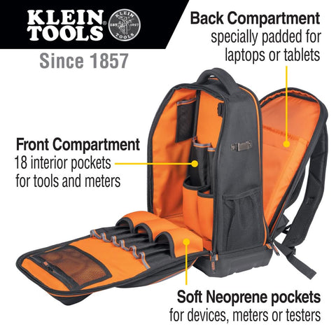 Klein Tools 62805BPTECH 28-Pocket Laptop Backpack Tool Bag, Tradesman Pro Extra-Large Tech Tool Backpack with Molded Bottom, Charging Port
