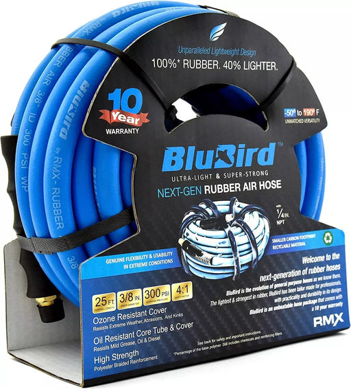 BLUBIRD BB3825 3/8" x 25' Rubber Air Hose, 100% Rubber Lightest Strongest Most Flexible 300 PSI -50F to 190F Degrees Ozone Resistant