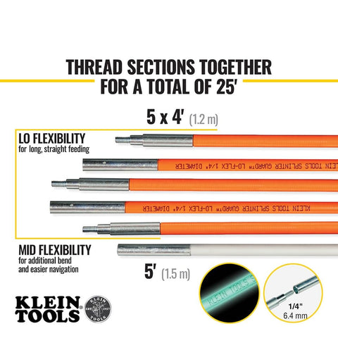 Klein Tools 56325 25-Foot Glow Fish Rod Set Wire Puller Made in USA