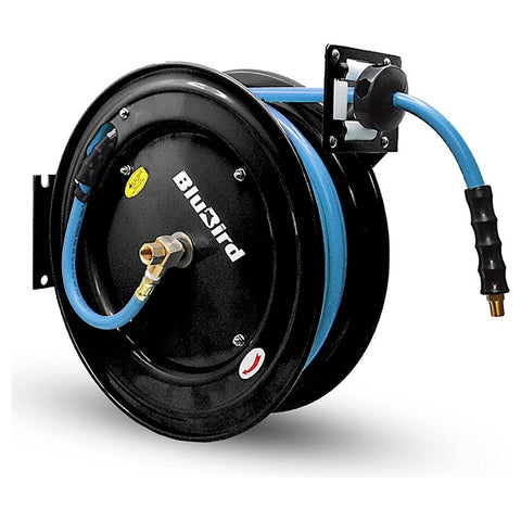 BLUBIRD BBR1250 20ga. Retractable Hose Reel with 1/2" X 50' Air Hose, 12 Point Ratcheting Gear, Next-Gen Rubber, Lightest, Strongest, Most Flexible, 300 PSI, 50F to 190F Degrees, Polyester Braided