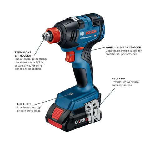 BOSCH GDX18V-1800B12 18V Two-In-One 1/4 In. and 1/2 In. Bit/Socket Impact Driver/Wrench Kit with 2 Ah Standard Power Battery