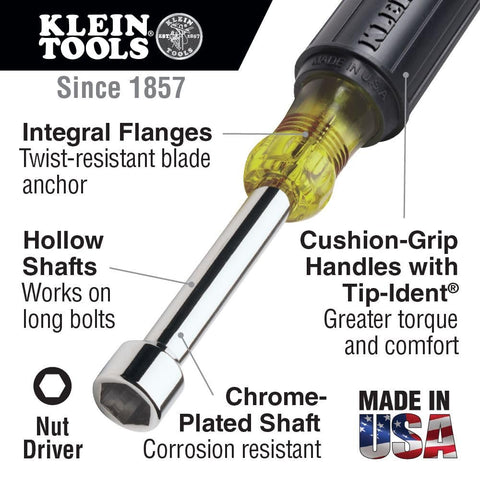 Klein Tools 631 Nut Driver Tool Set 7-Piece Full Hollow Shaft Made in USA