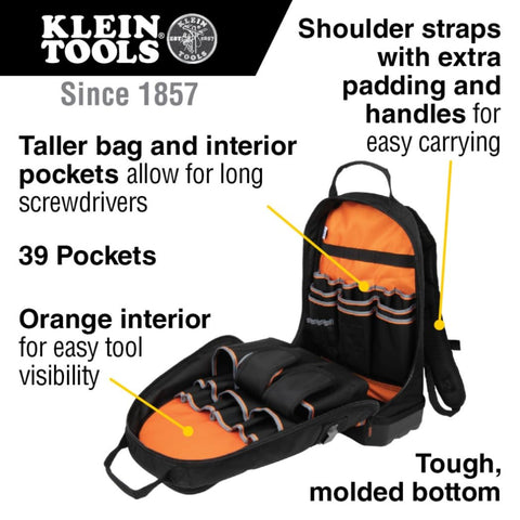 Klein Tools 55421BP-14 Tool Backpack Bag, 39 Pockets, Black/Orange/Gray