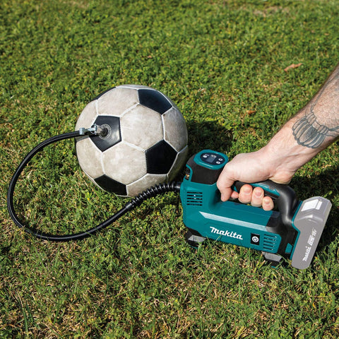Makita DMP180ZX 18V LXT� Lithium-Ion Cordless Inflator, Battery Powered, Tool Only(battery and charger not included);Presta valve adapter;Sports ball needle;Tapered adapter, Teal