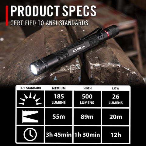 COAST HP3R 500 Lumen Rechargeable LED Penlight TWIST FOCUS Black 20818 385 Lumen