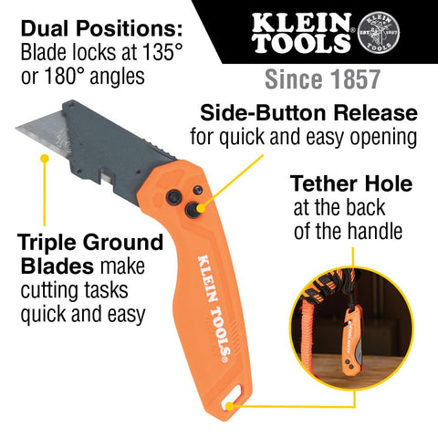 Klein Tools 44302 Folding FLICKBLADE Utility Knife with Side Release Button, Compact, Dual Locking Positions for Versatile Cutting Options