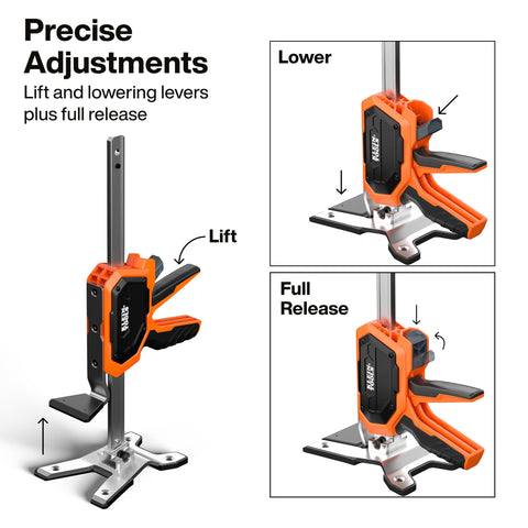 Klein Tools 77000 Heavy-Duty Construction Jack, 350-Pound Capacity, 10-Inch Lift Range, Drywall Lift Tool, Hands-Free Lifting, Clamping Capable, Non-Marring Foot Pads