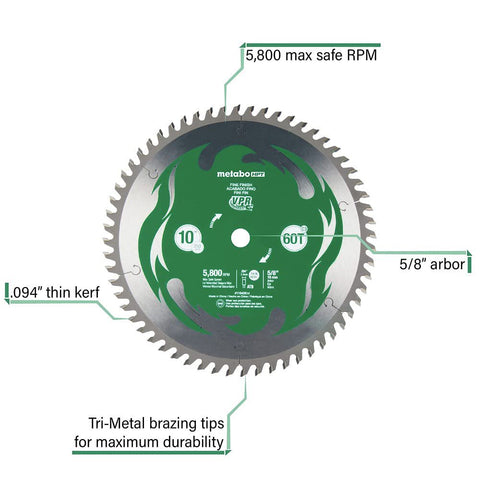 Metabo HPT 10-Inch Miter Saw/Table Saw Blade, 60T, Fine Finish, 5/8" Arbor, Large Micrograin Carbide Teeth, 5800 Max Rpm, 115435M