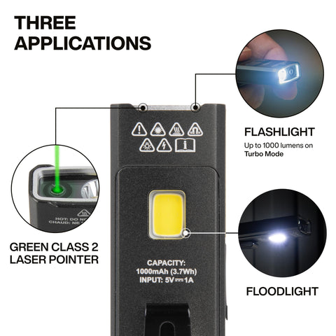 KLEIN TOOLS 56074 EDC Pocket Flashlight with Green Laser, Three Brightness Modes up to 1000 Lumens with Turbo Mode, Built-in Floodlight, Rechargeable
