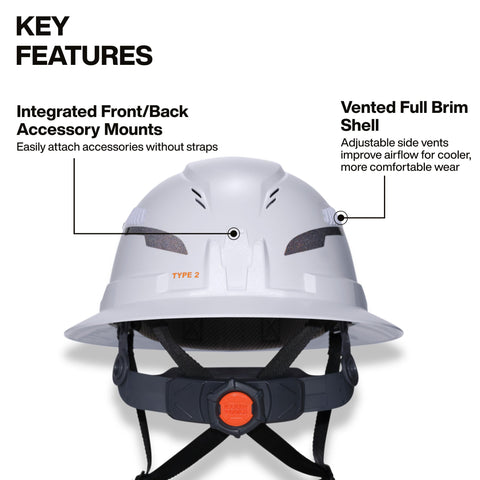 Klein Tools 60401T2 Type 2 Hard Hat, Vented Full Brim, Class C Hard Hat with Chin Strap, 6-Point Suspension with Accessory Mounts and Washable Padding