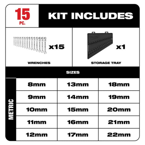 Milwaukee 48-22-9513 15 Piece Metric Flex Head Wrench Ratchet Organizer Set